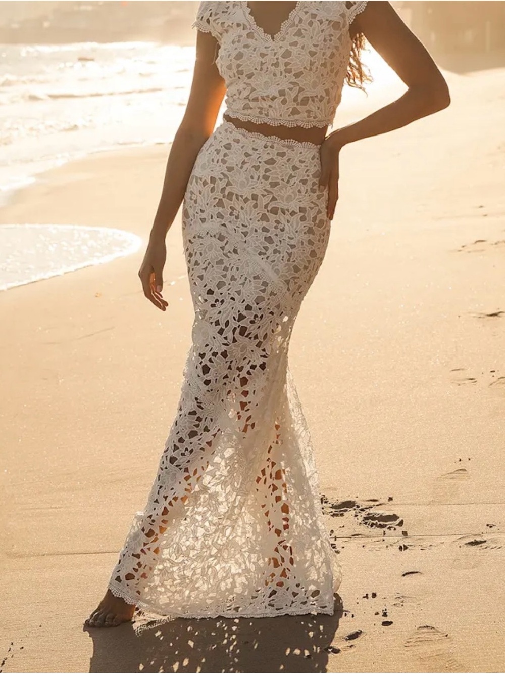 Lulu's White Crochet Trim Beige Lined Dress